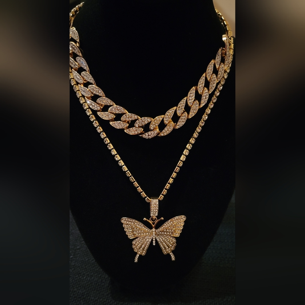 Gold rhinestone butterfly necklace